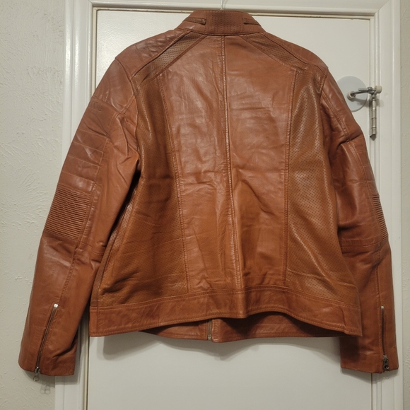 Cognac Brown Leather Motorcycle Jacket - Picture 2 of 5